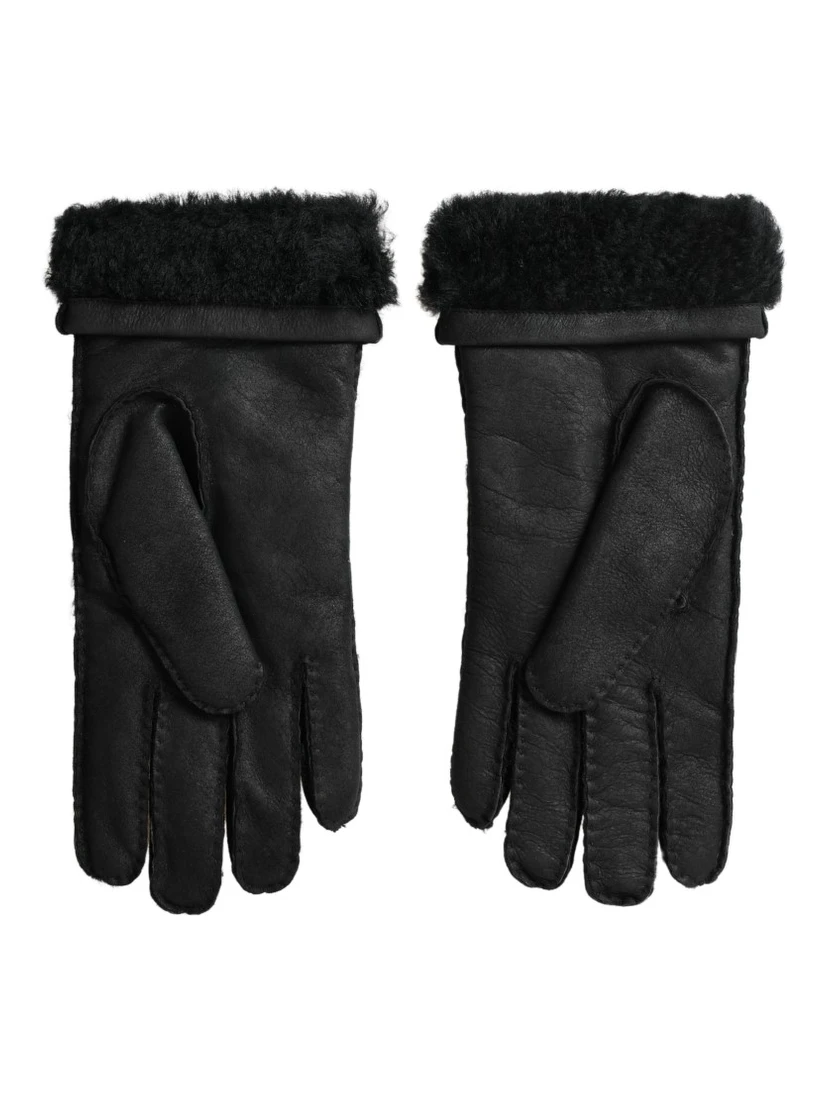 Black Leather Fur Short Hands Mitten Men Gloves