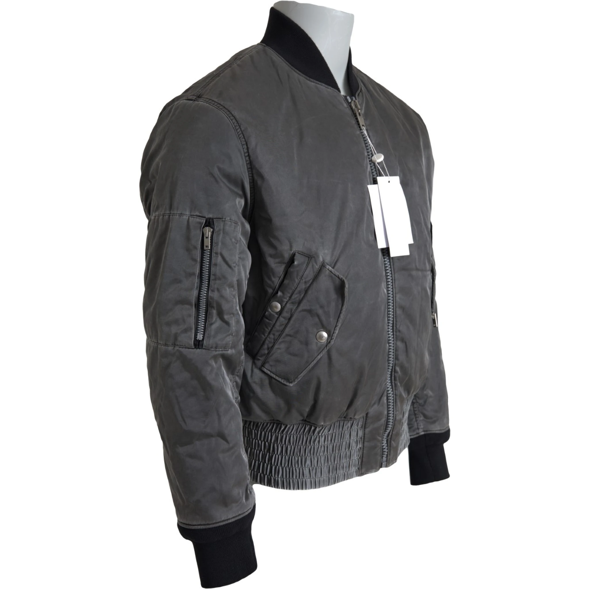 Gray Bomber Zipper Pocket Sleeves Jacket