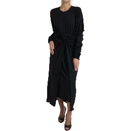 Black Wool Wrap Sheath Midi Gown Dress