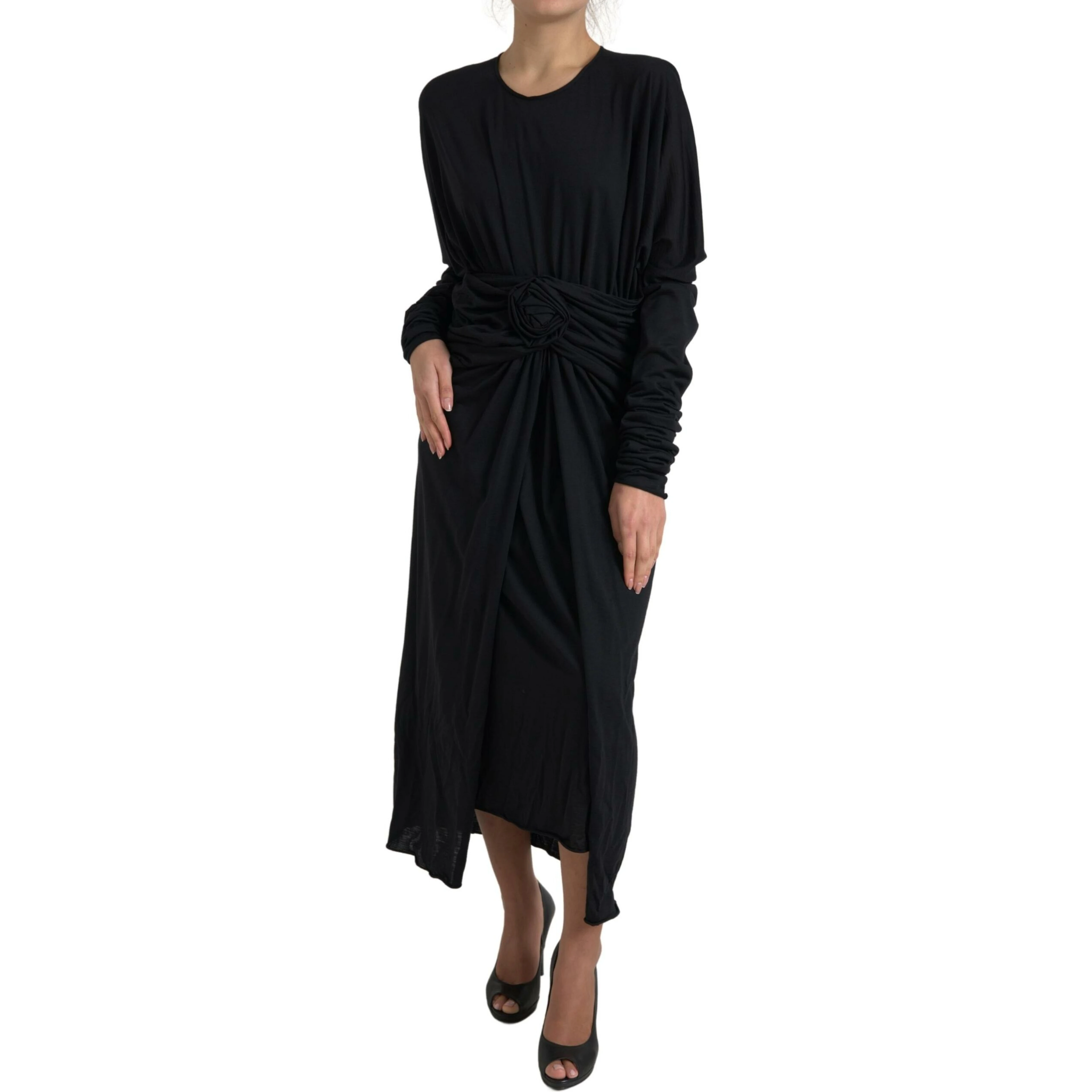 Black Wool Wrap Sheath Midi Gown Dress