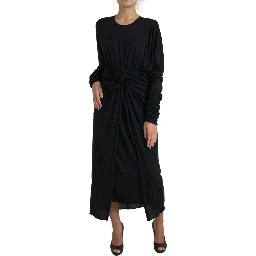 Black Wool Wrap Sheath Midi Gown Dress