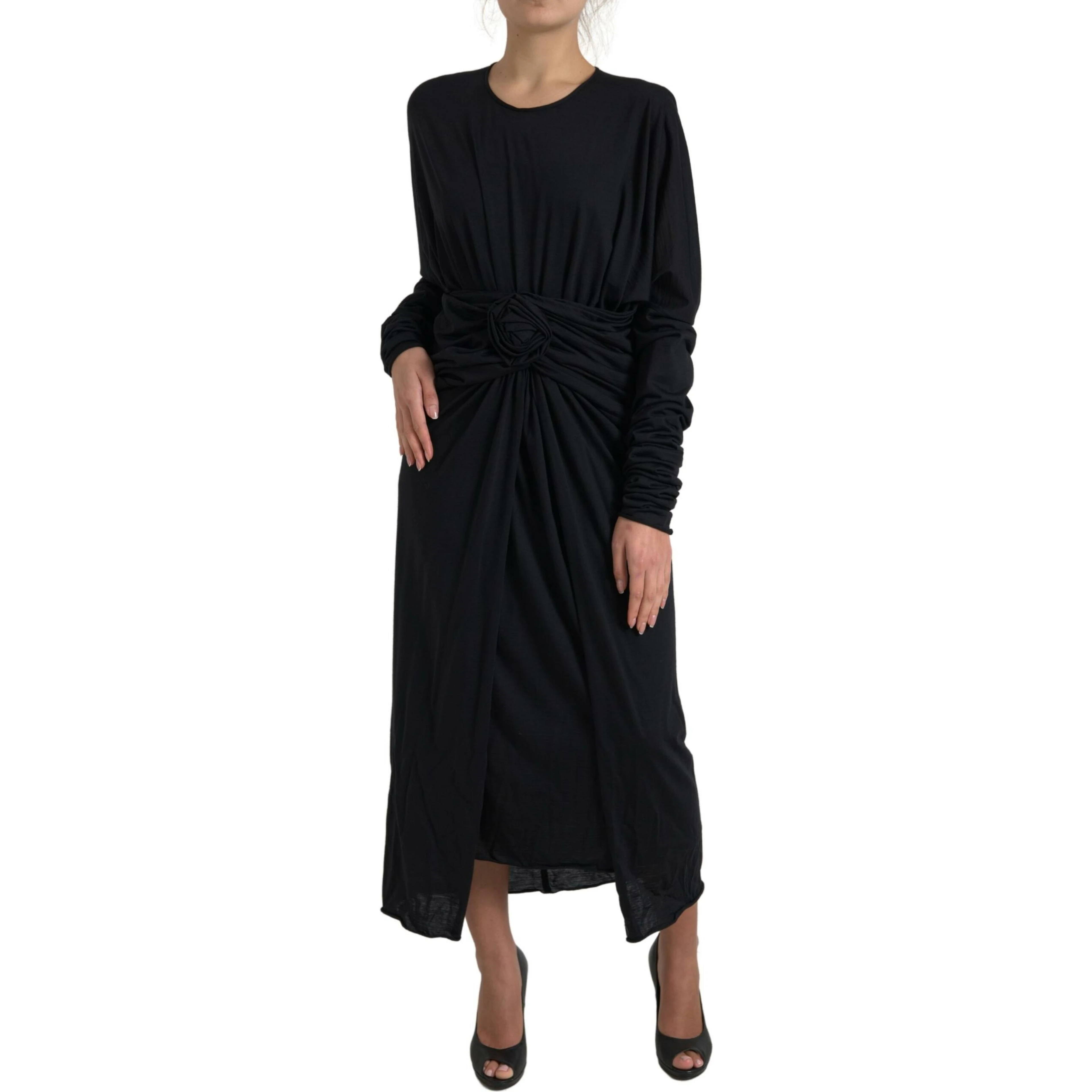 Black Wool Wrap Sheath Midi Gown Dress