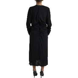 Black Wool Wrap Sheath Midi Gown Dress