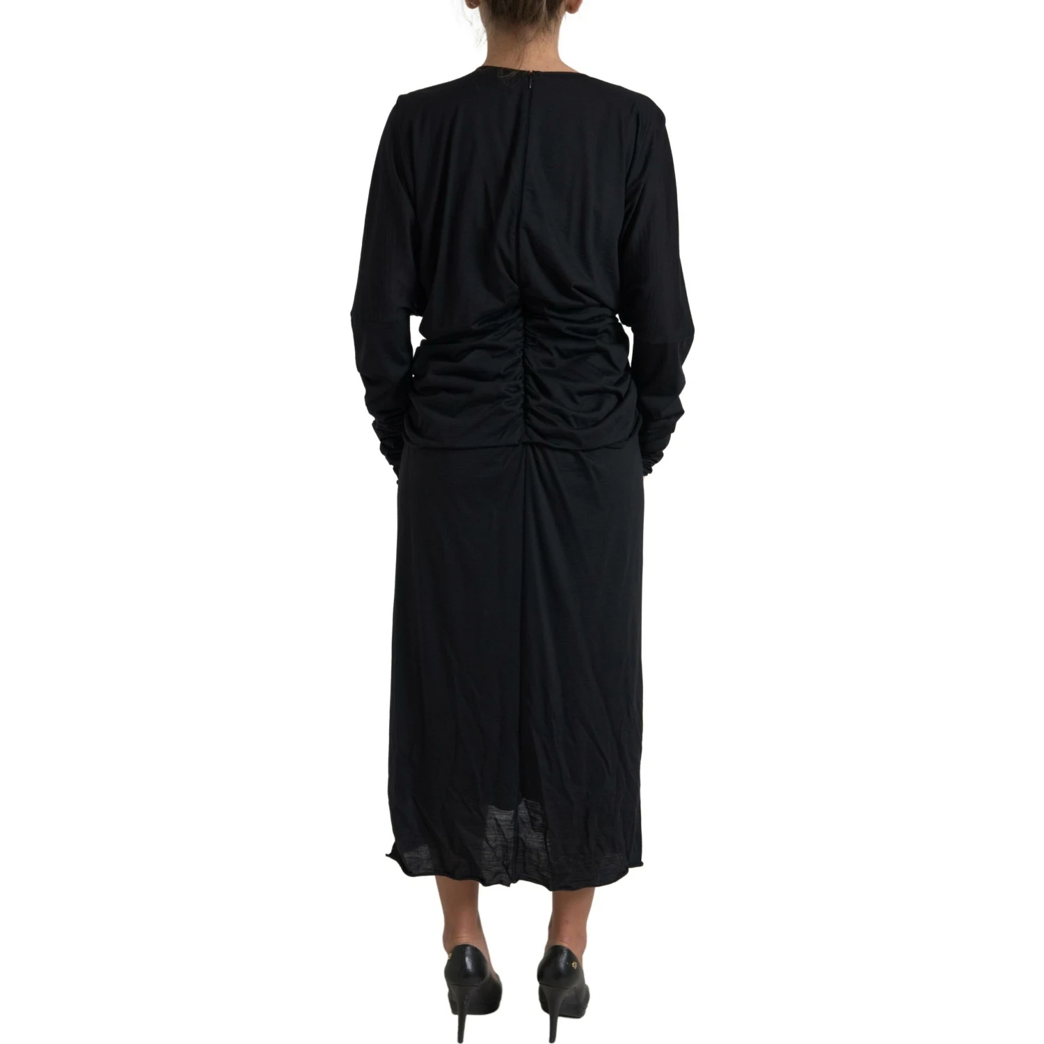 Black Wool Wrap Sheath Midi Gown Dress