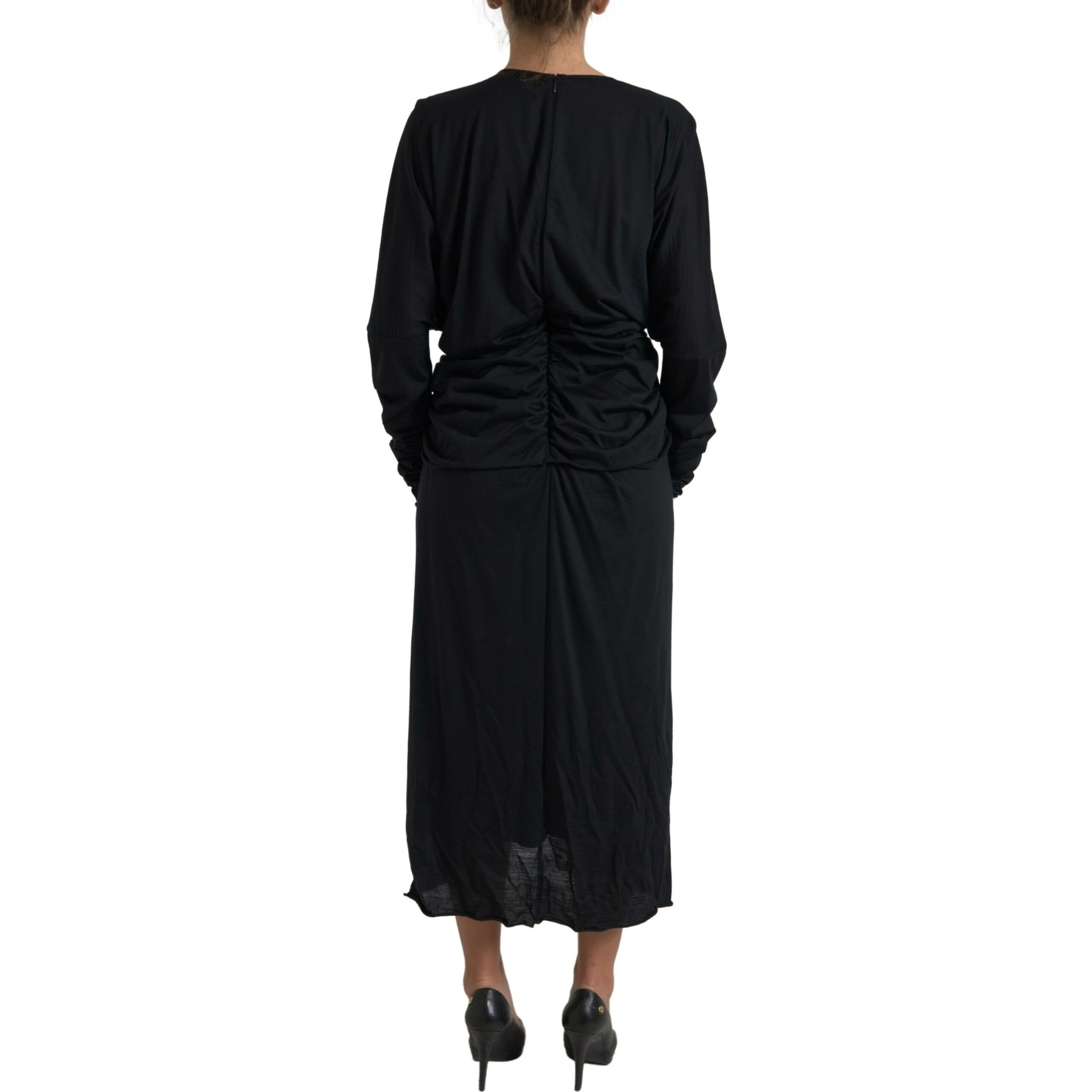 Black Wool Wrap Sheath Midi Gown Dress