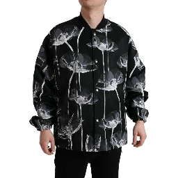 Black Floral Print Wool Button Down Bomber Jacket