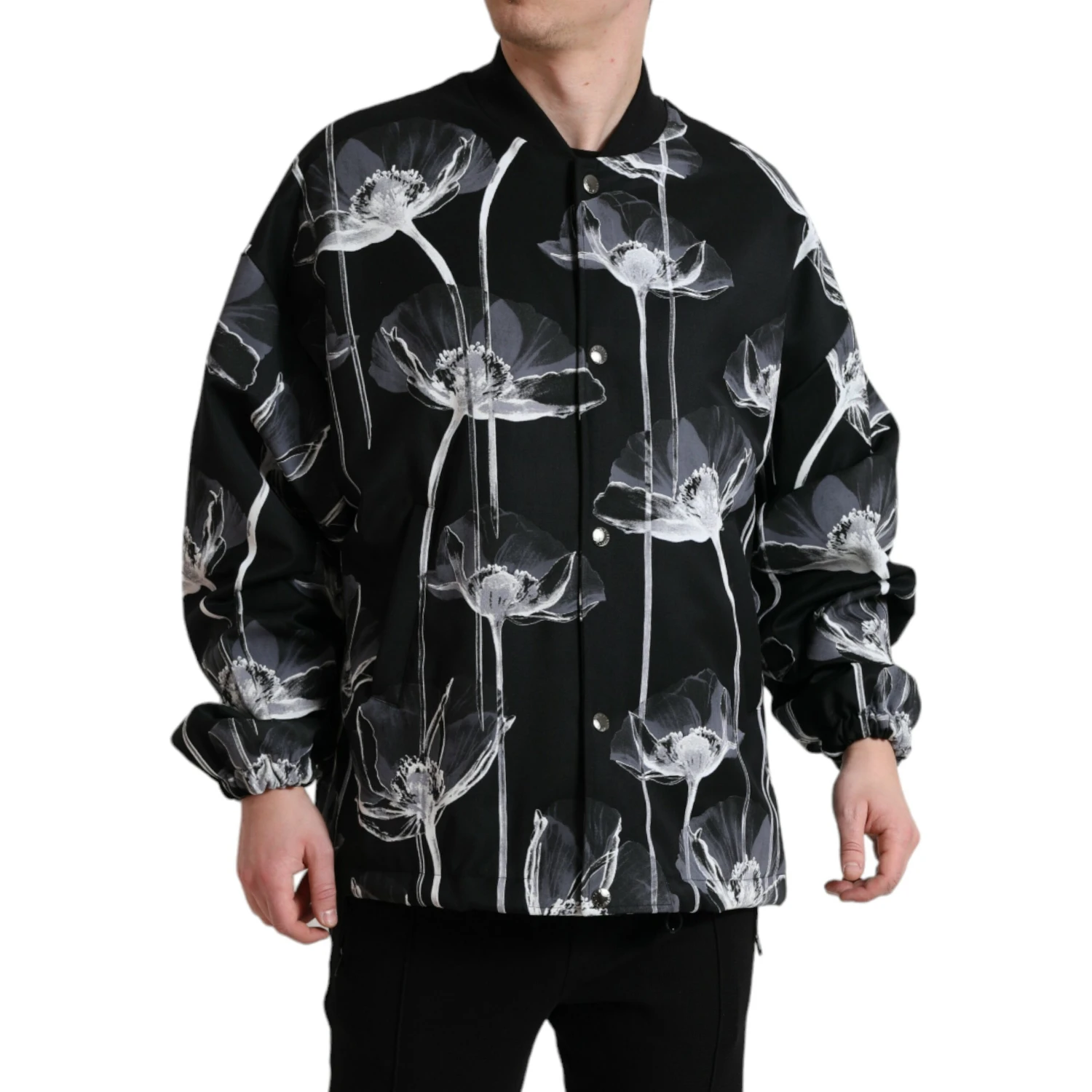 Black Floral Print Wool Button Down Bomber Jacket
