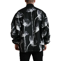 Black Floral Print Wool Button Down Bomber Jacket