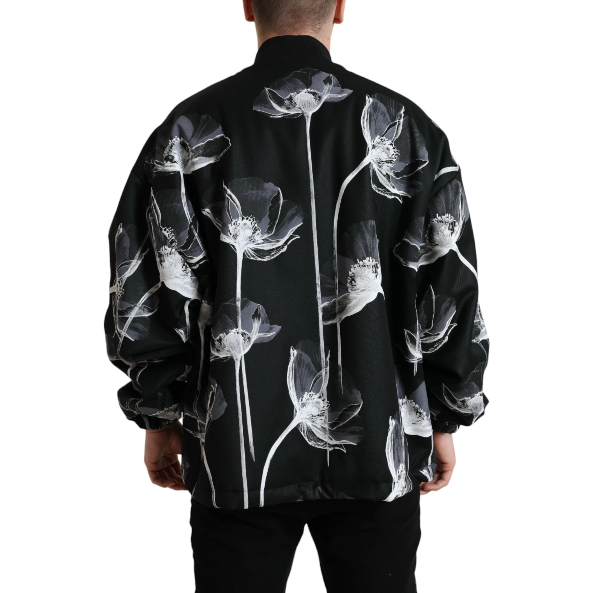 Black Floral Print Wool Button Down Bomber Jacket