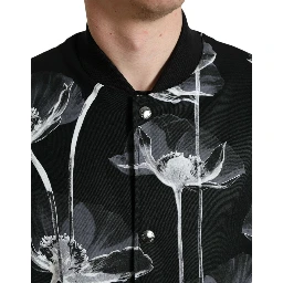 Black Floral Print Wool Button Down Bomber Jacket