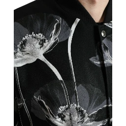 Black Floral Print Wool Button Down Bomber Jacket