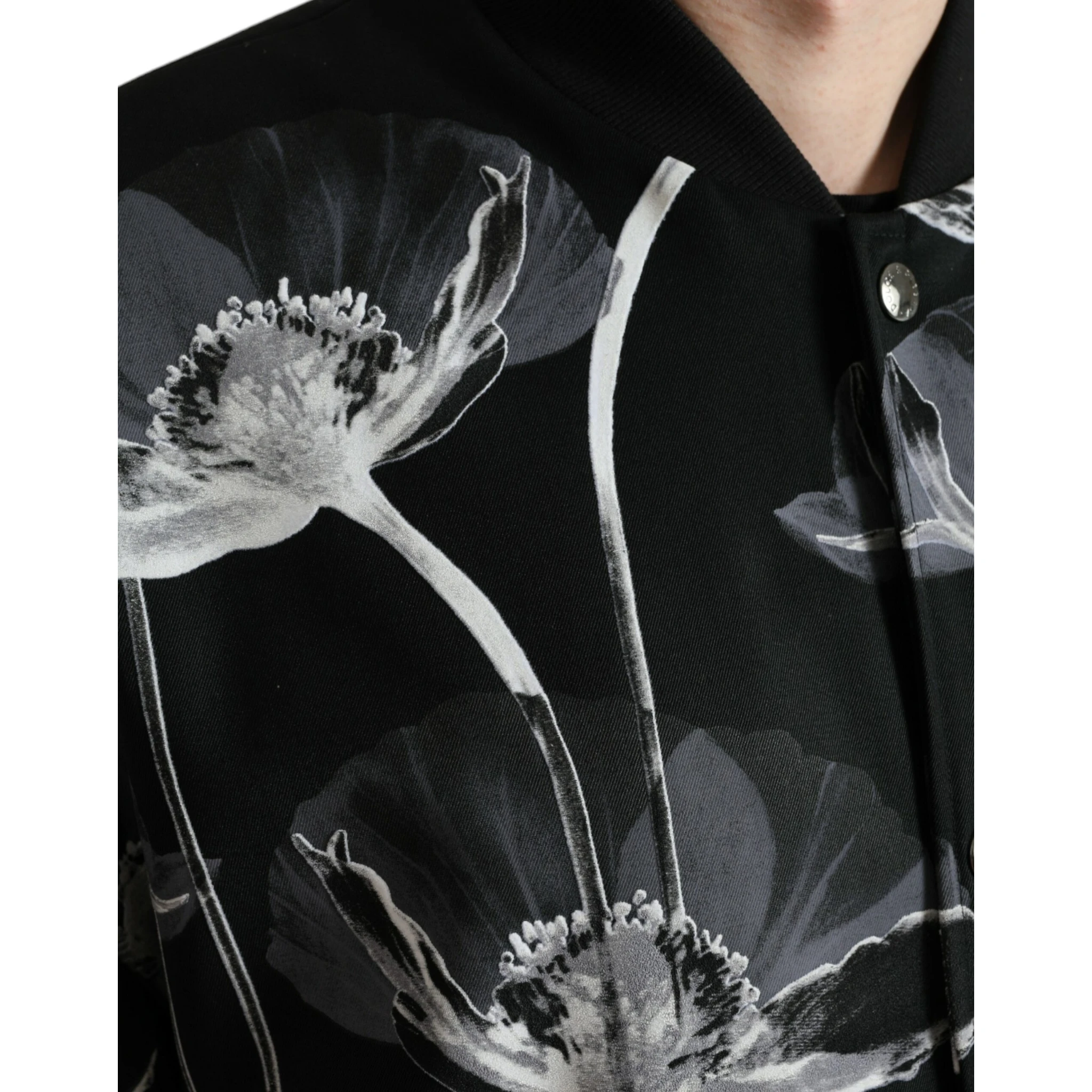 Black Floral Print Wool Button Down Bomber Jacket