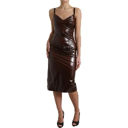 Brown Shiny Silk Sheath Sleeveless Bodycon Midi Dress