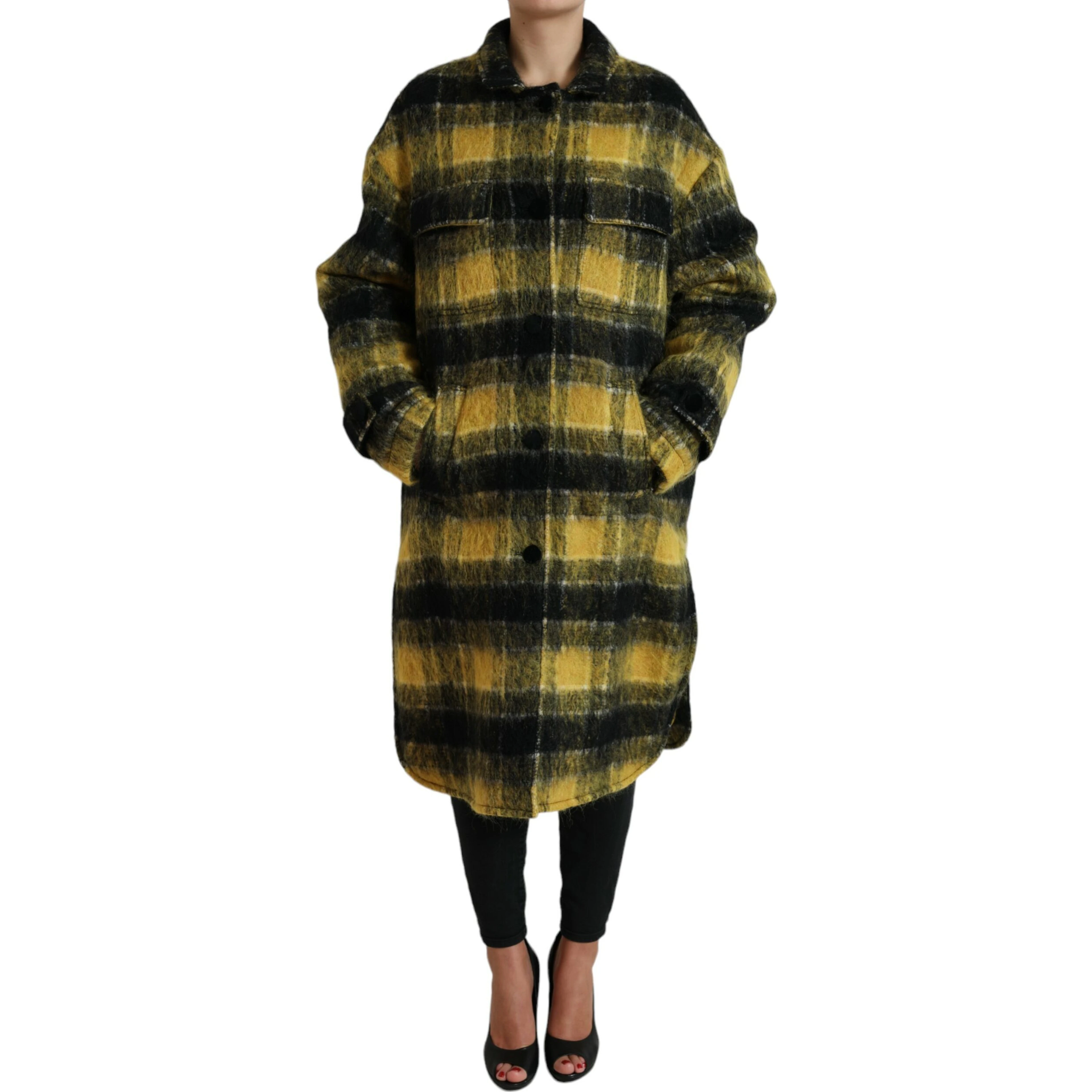 Yellow Plaid Long Sleeve Casual Coat Jacket