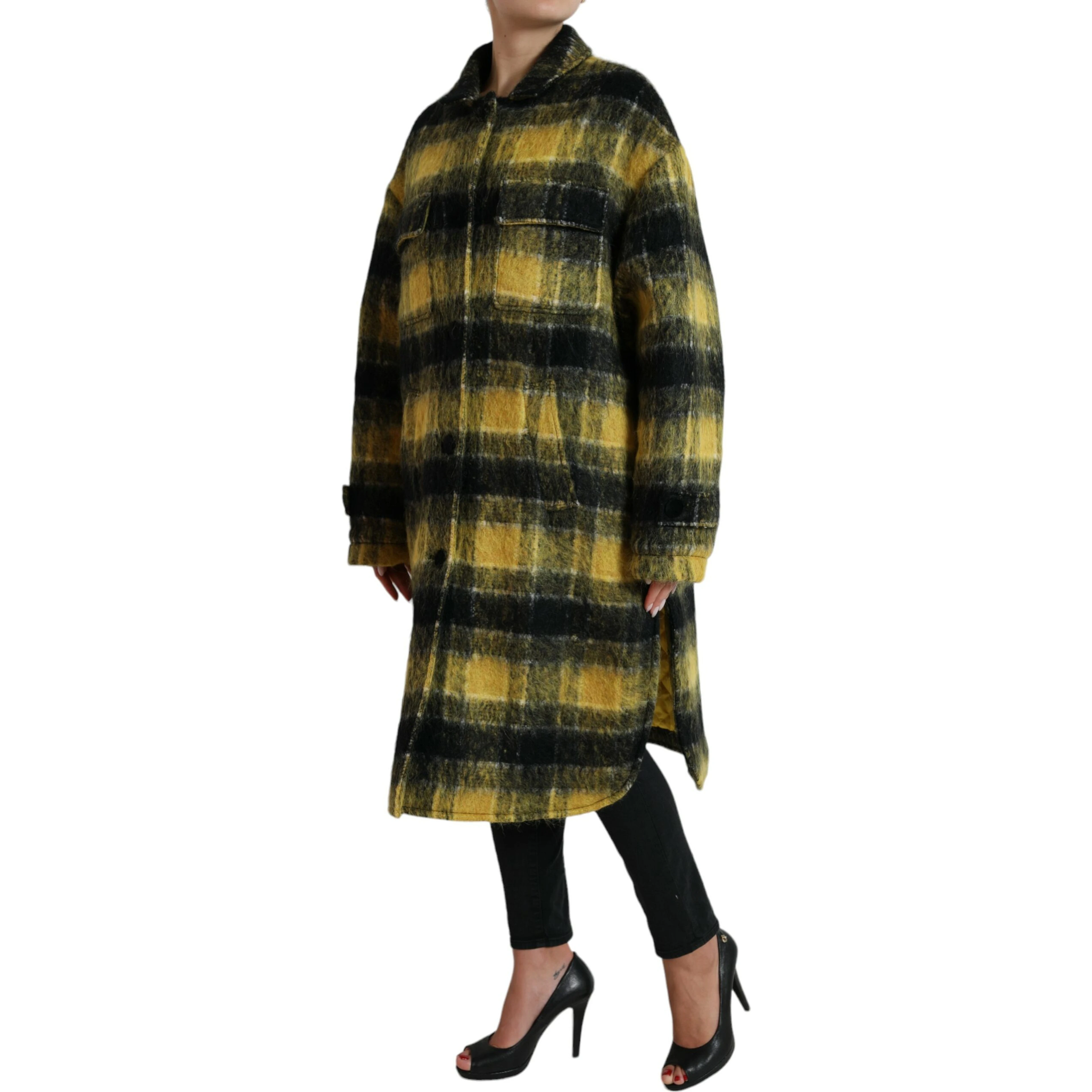 Yellow Plaid Long Sleeve Casual Coat Jacket