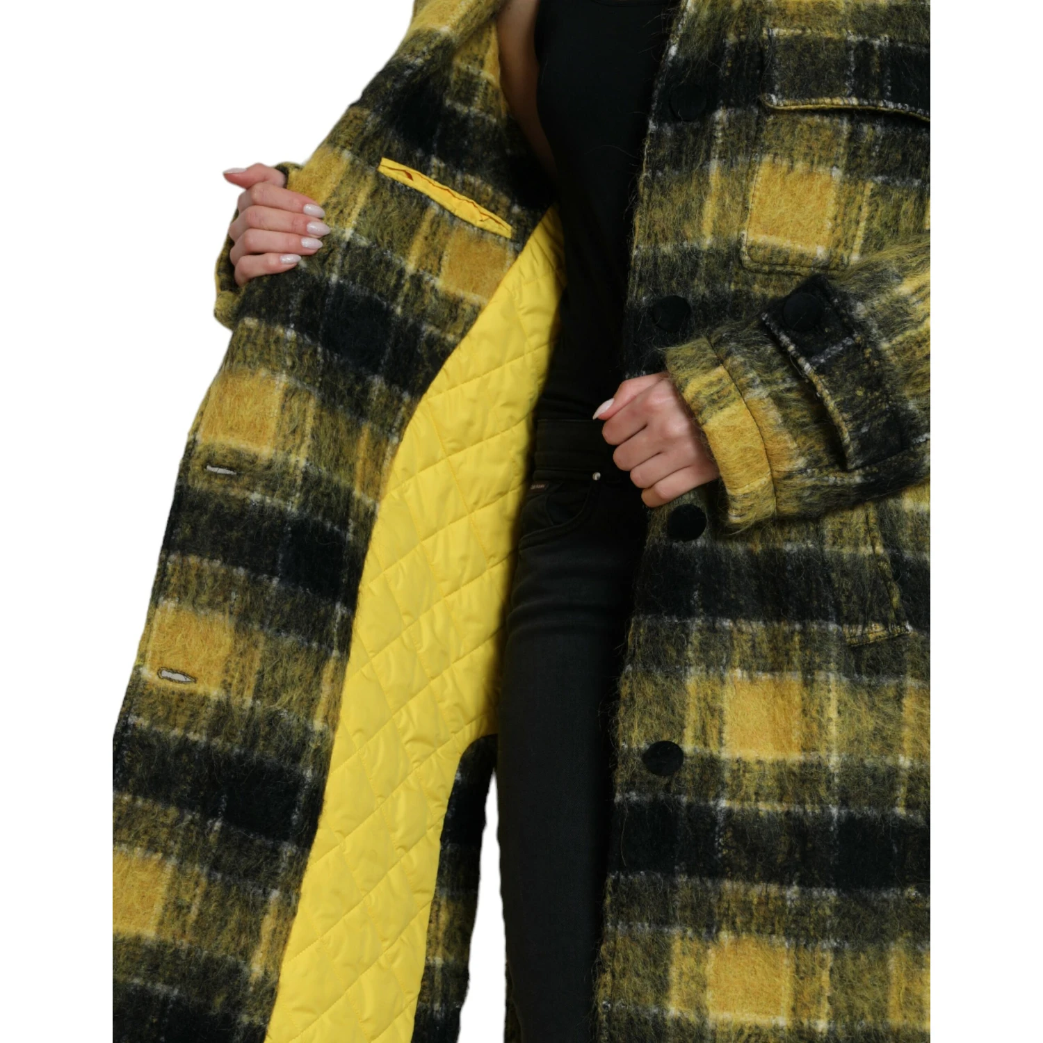 Yellow Plaid Long Sleeve Casual Coat Jacket