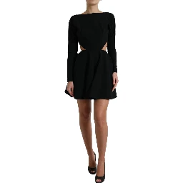 Black Viscose Cut Out A-line Long Sleeves Mini Dress