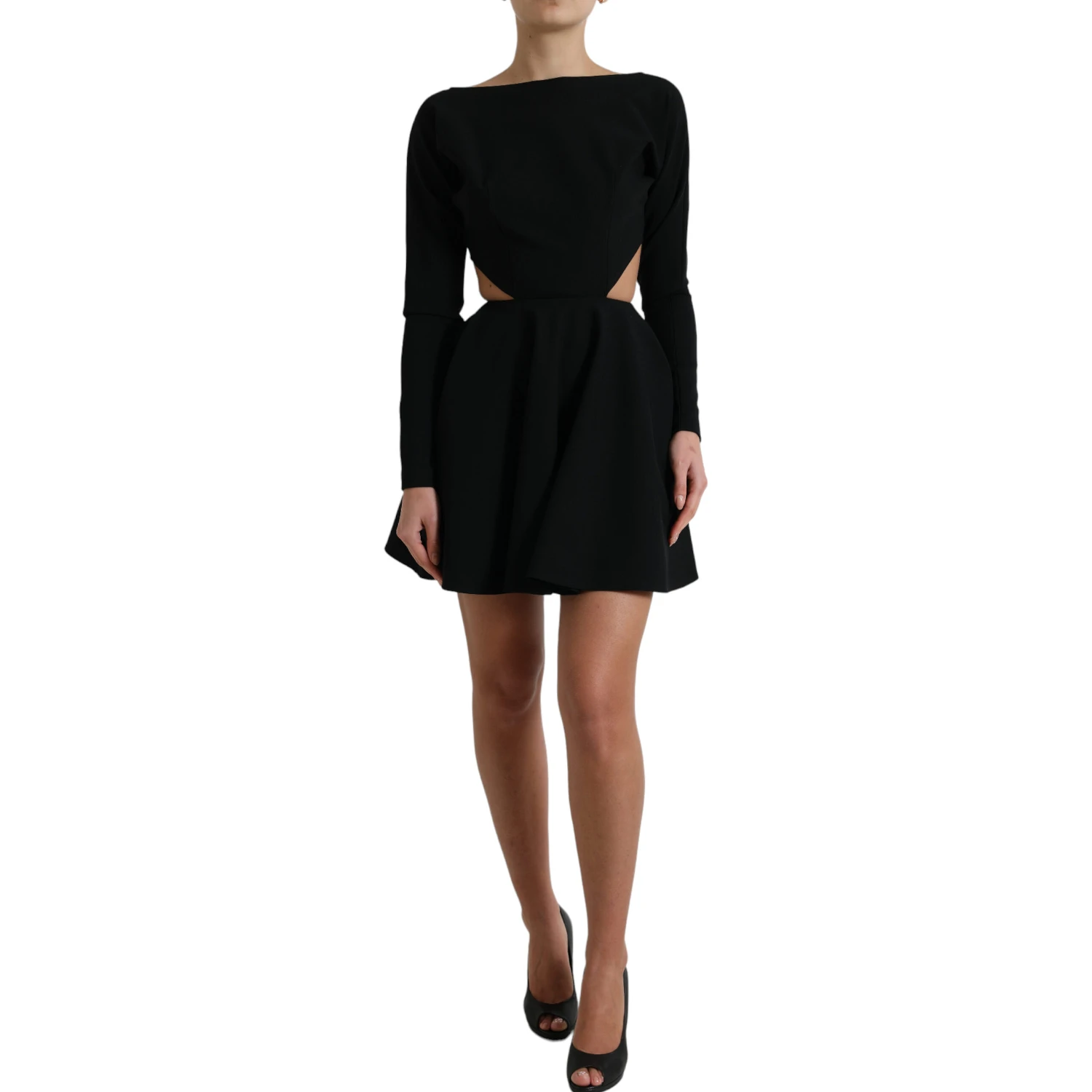 Black Viscose Cut Out A-line Long Sleeves Mini Dress