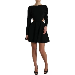 Black Viscose Cut Out A-line Long Sleeves Mini Dress