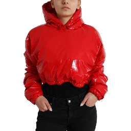 Shiny Red Hooded Cropped Short Coat Jacket