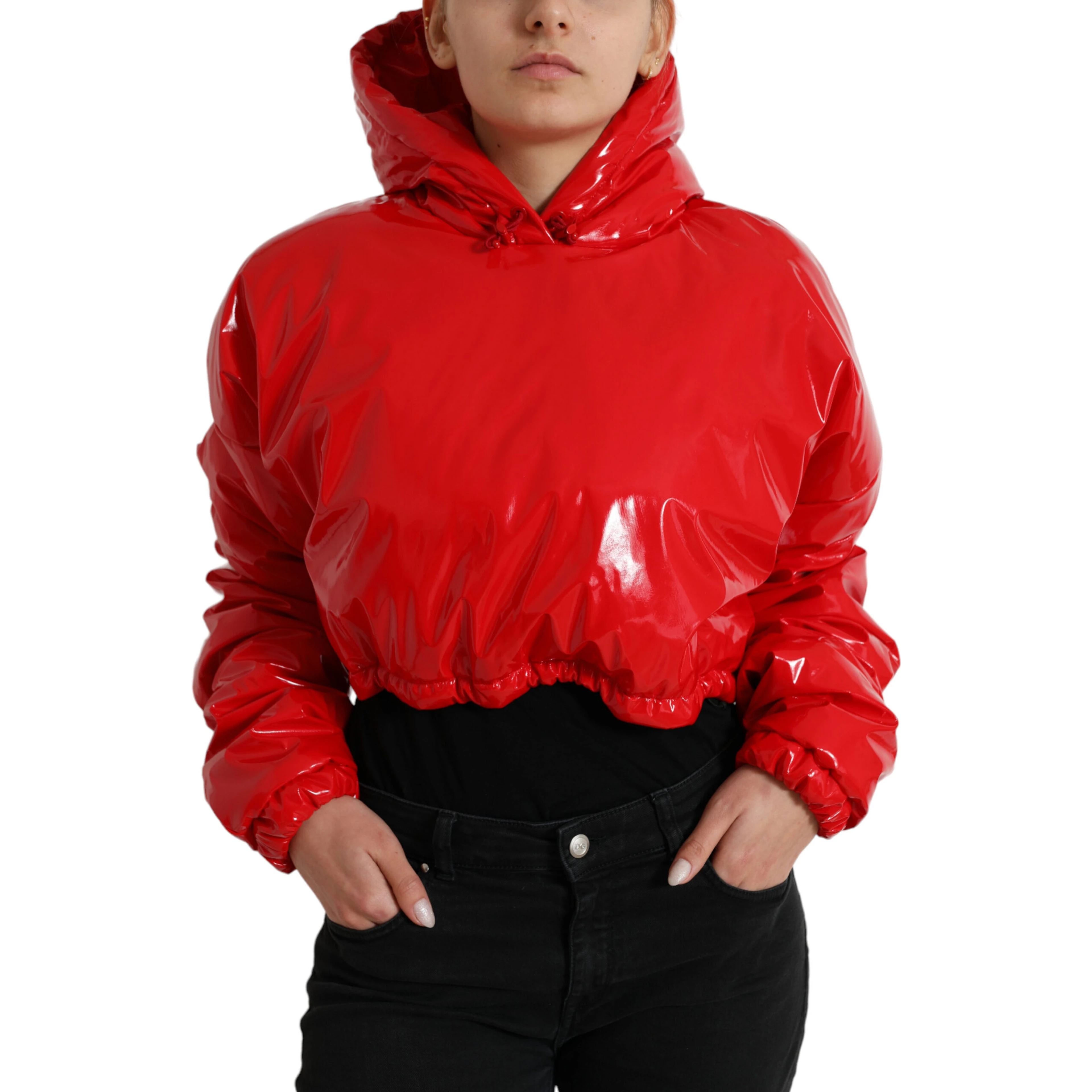 Shiny Red Hooded Cropped Short Coat Jacket