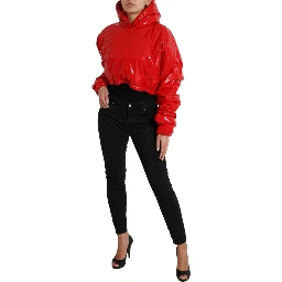 Shiny Red Hooded Cropped Short Coat Jacket