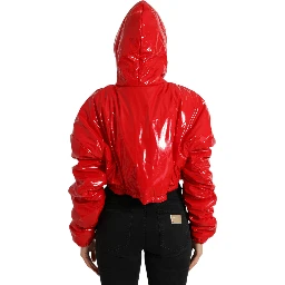 Shiny Red Hooded Cropped Short Coat Jacket