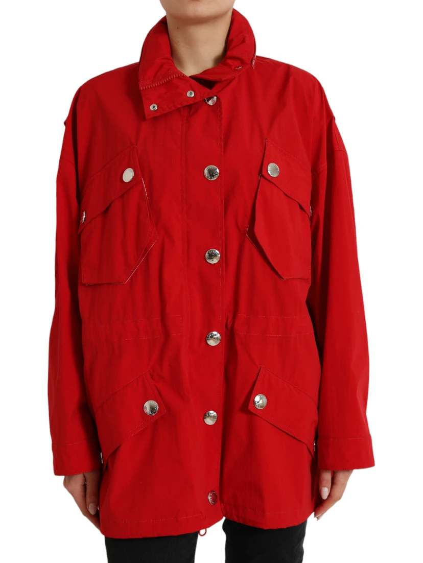 Red Polyester Hooded Button Rain Coat Jacket