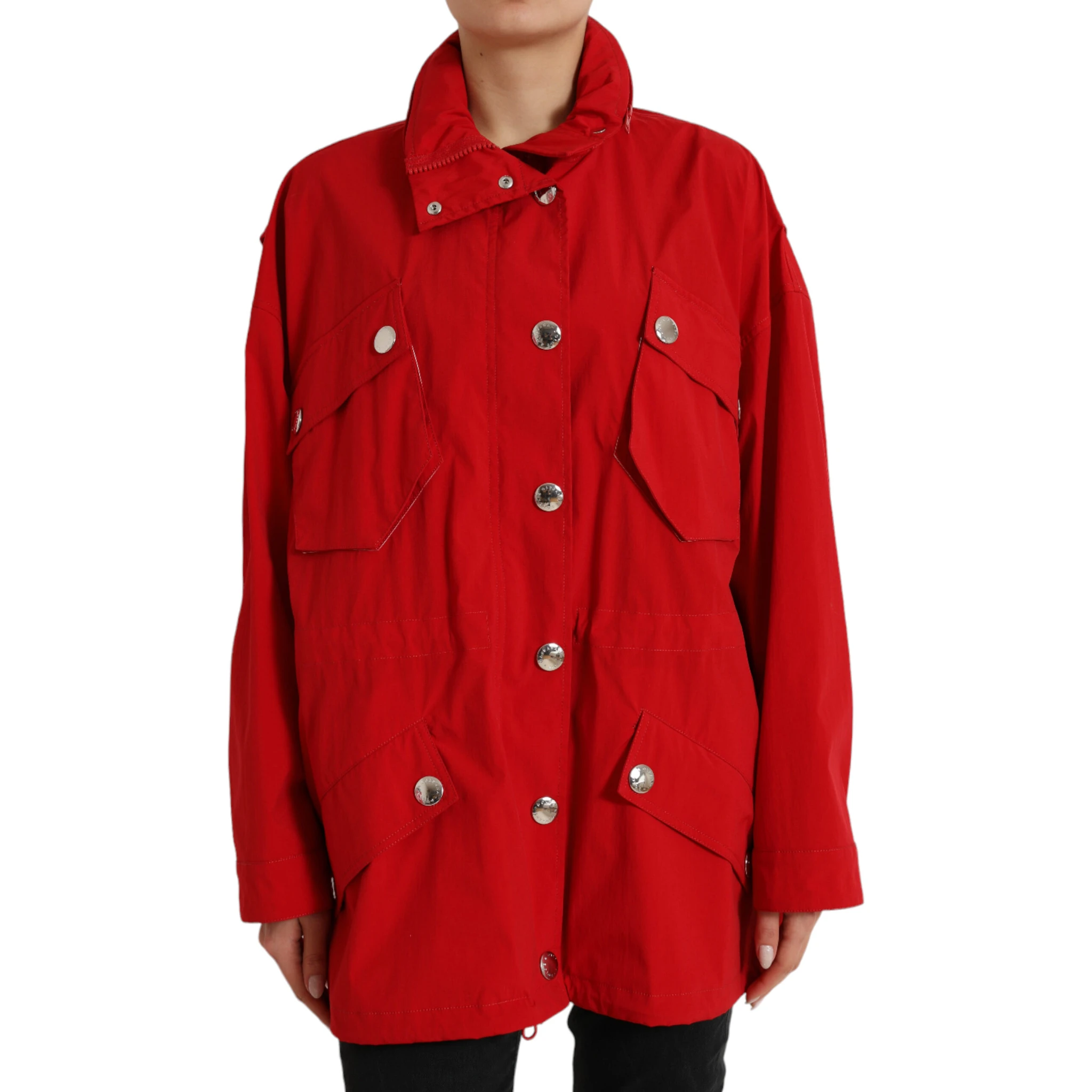 Red Polyester Hooded Button Rain Coat Jacket