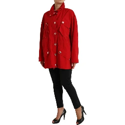 Red Polyester Hooded Button Rain Coat Jacket