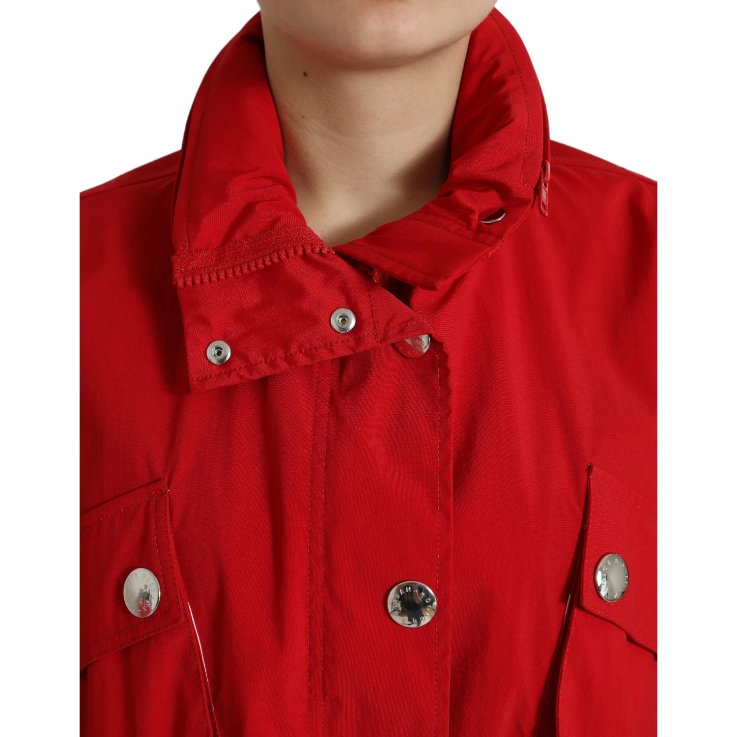 Red Polyester Hooded Button Rain Coat Jacket