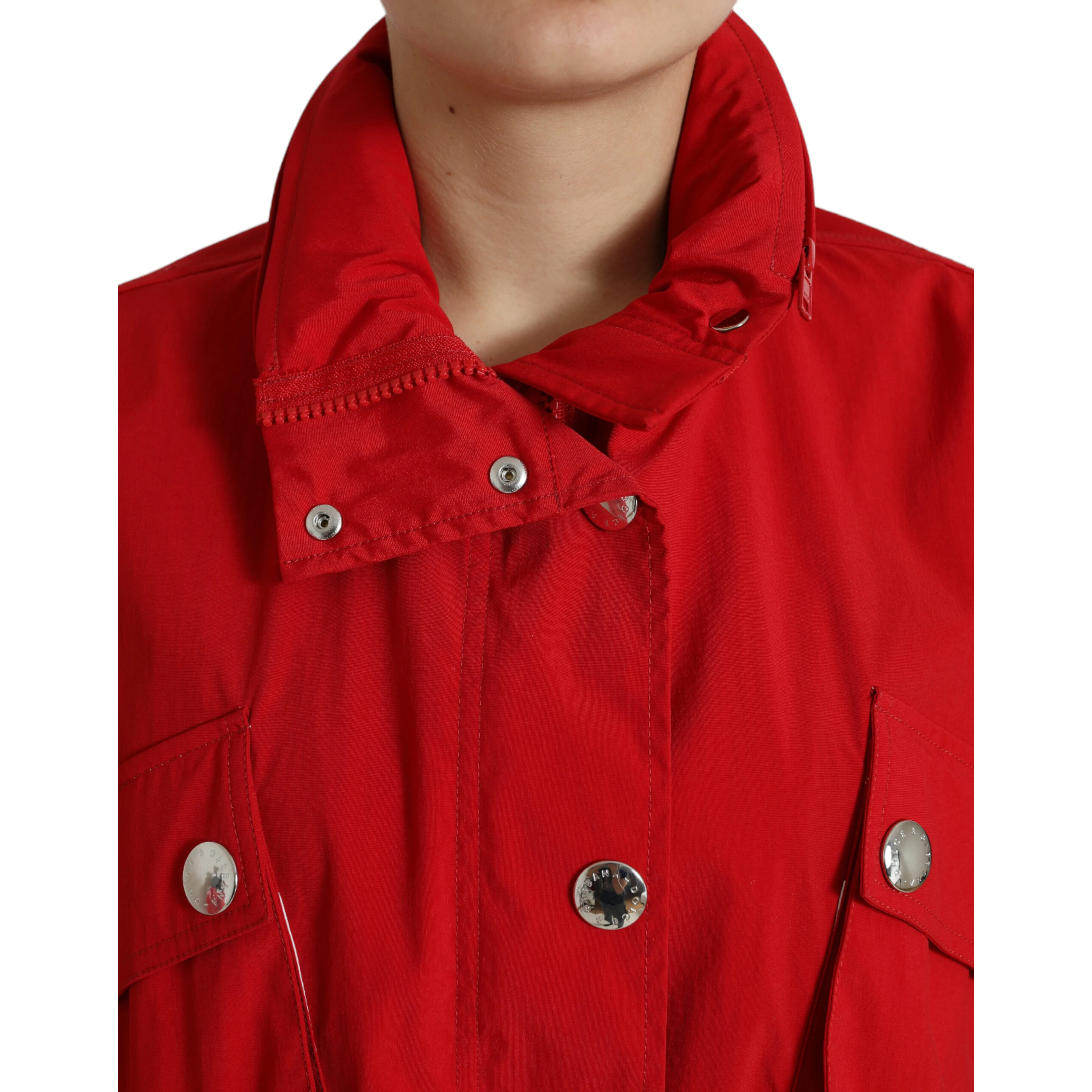 Red Polyester Hooded Button Rain Coat Jacket