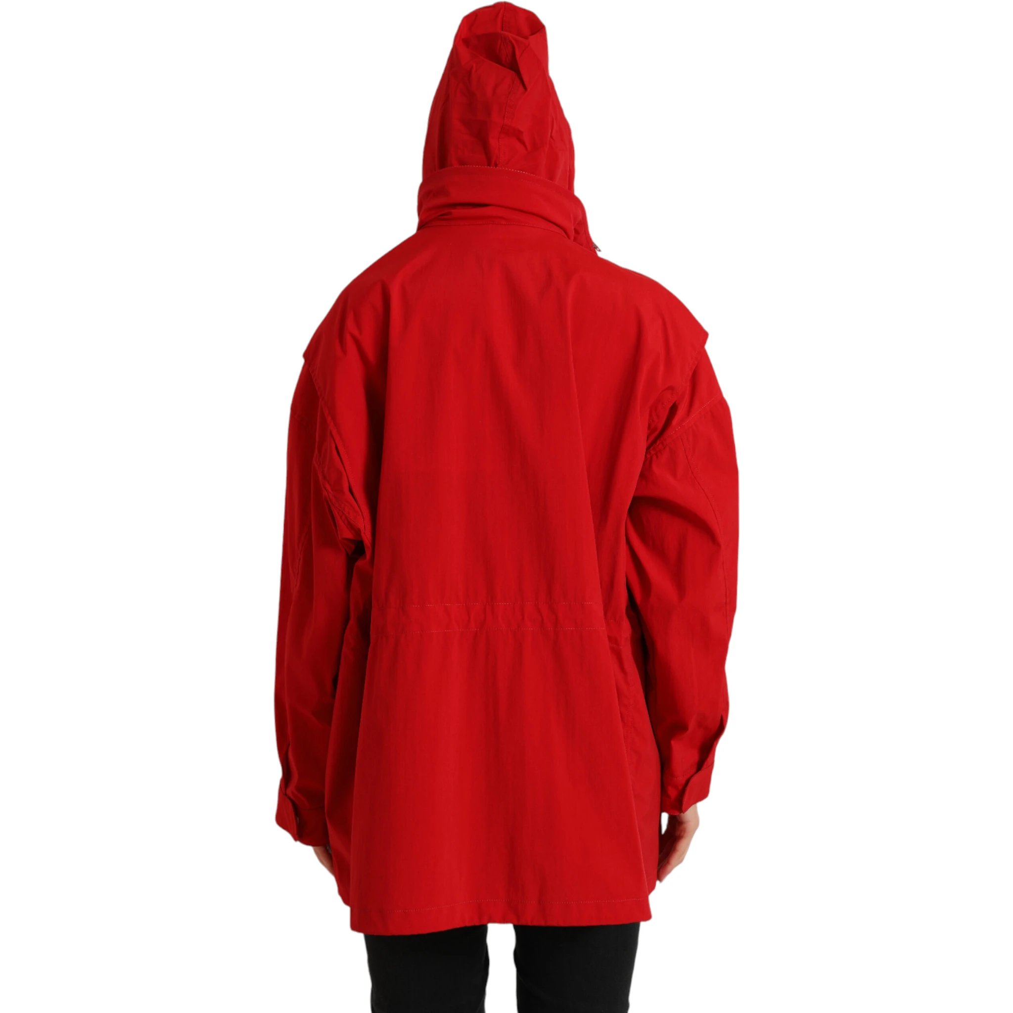 Red Polyester Hooded Button Rain Coat Jacket