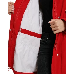 Red Polyester Hooded Button Rain Coat Jacket
