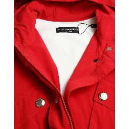Red Polyester Hooded Button Rain Coat Jacket