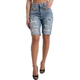 Blue Tattered Embellished Bermuda Shorts