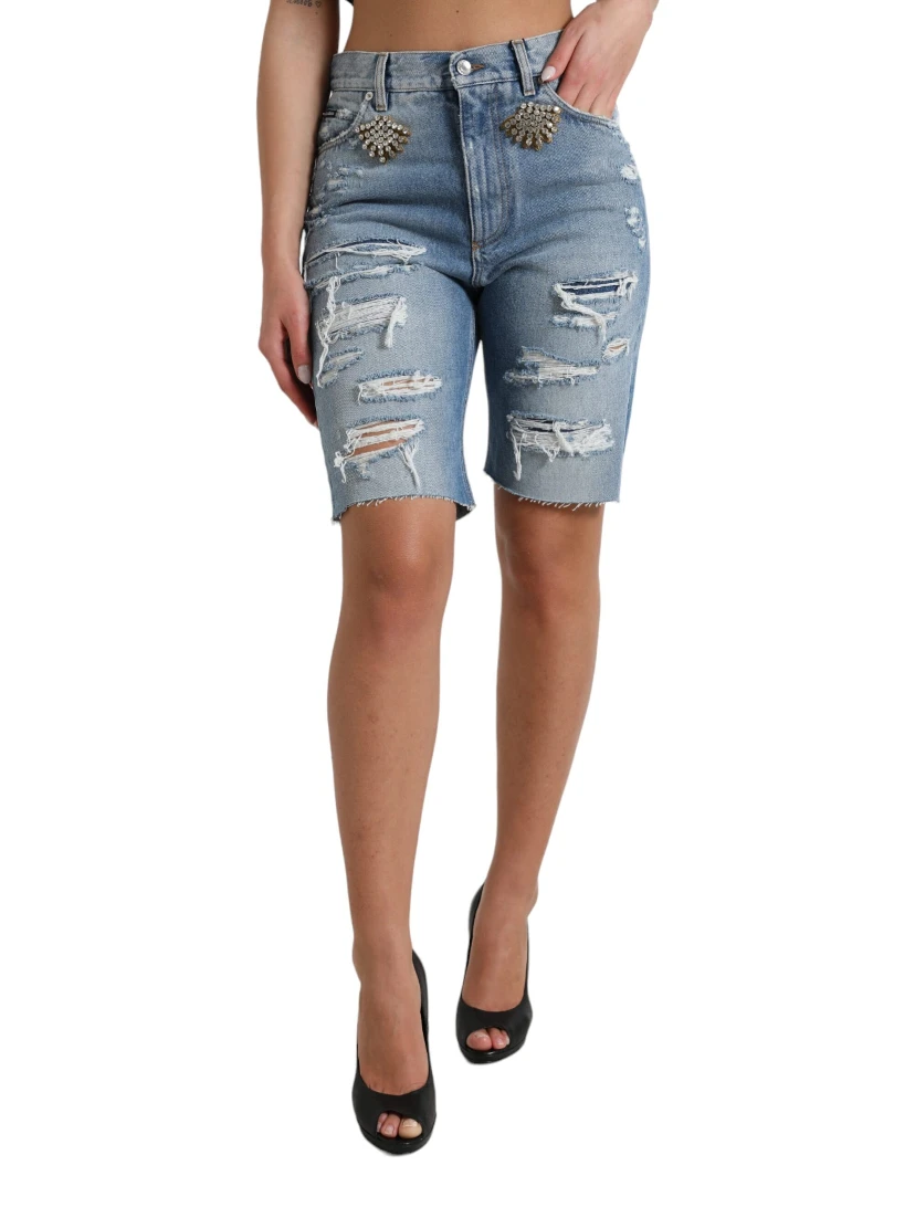 Blue Tattered Embellished Bermuda Shorts