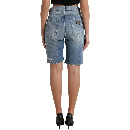 Blue Tattered Embellished Bermuda Shorts