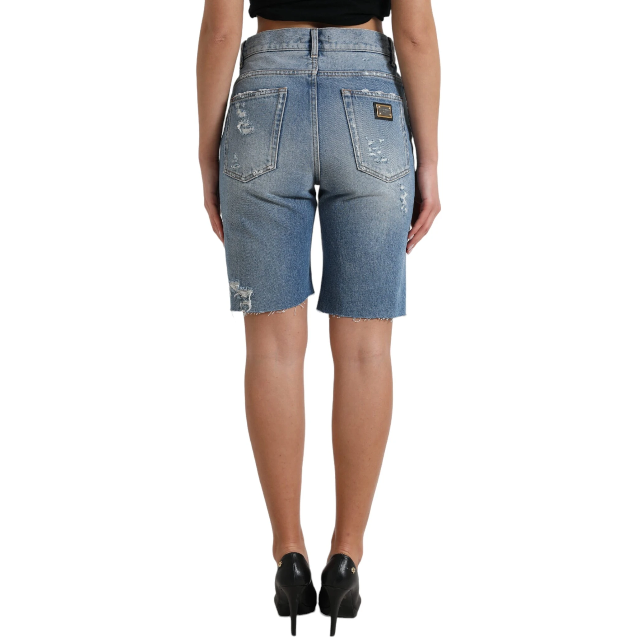 Blue Tattered Embellished Bermuda Shorts