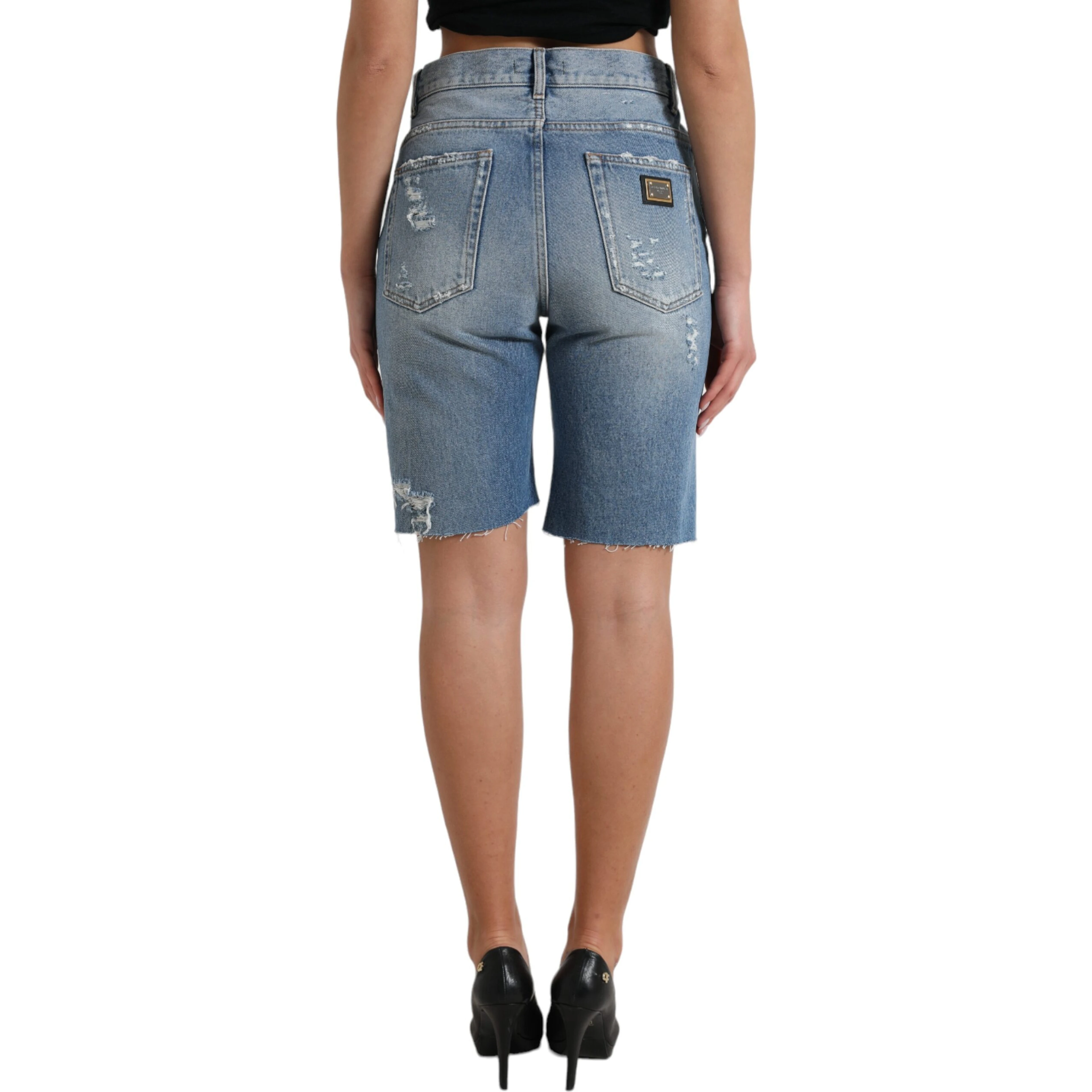 Blue Tattered Embellished Bermuda Shorts