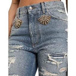 Blue Tattered Embellished Bermuda Shorts