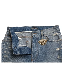 Blue Tattered Embellished Bermuda Shorts