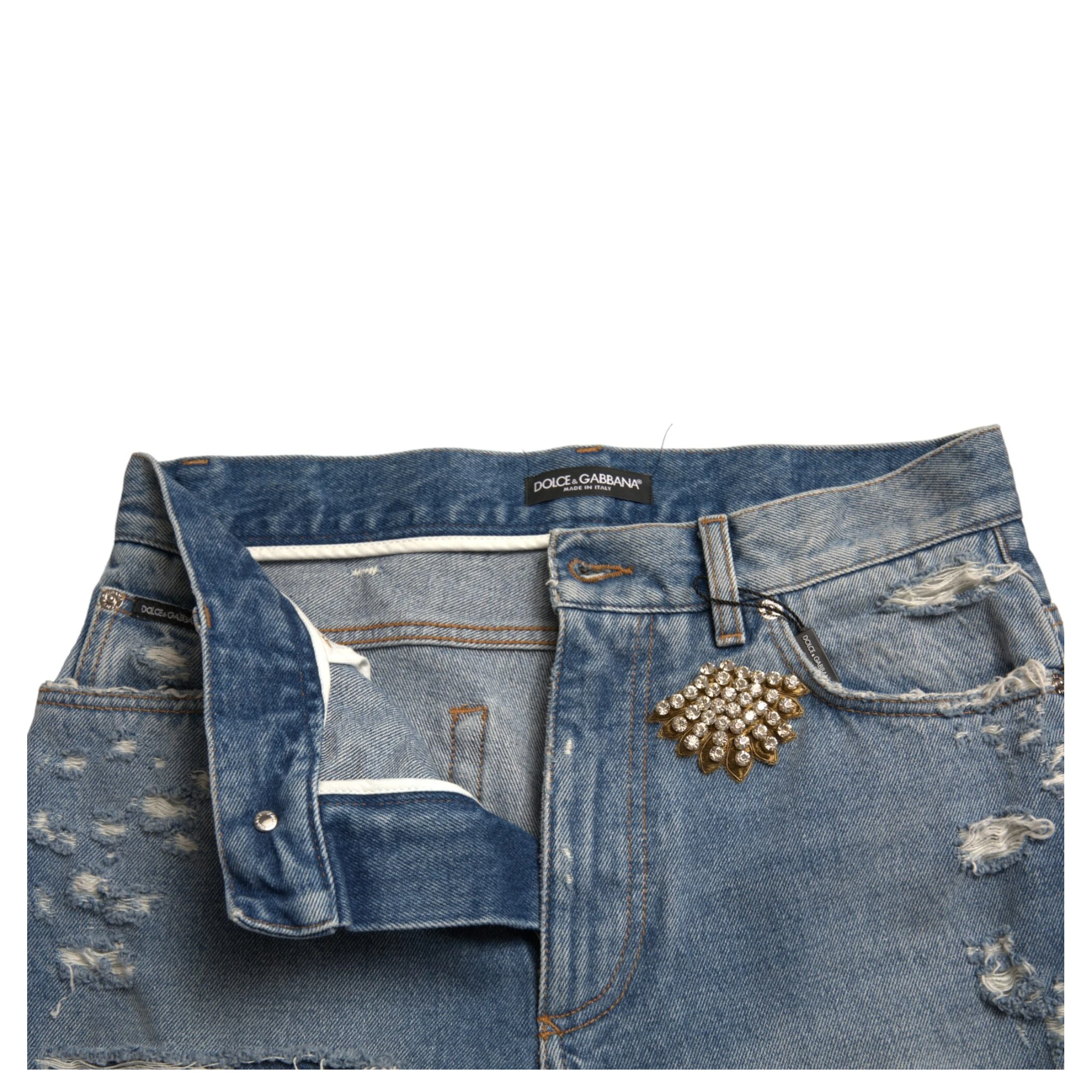 Blue Tattered Embellished Bermuda Shorts