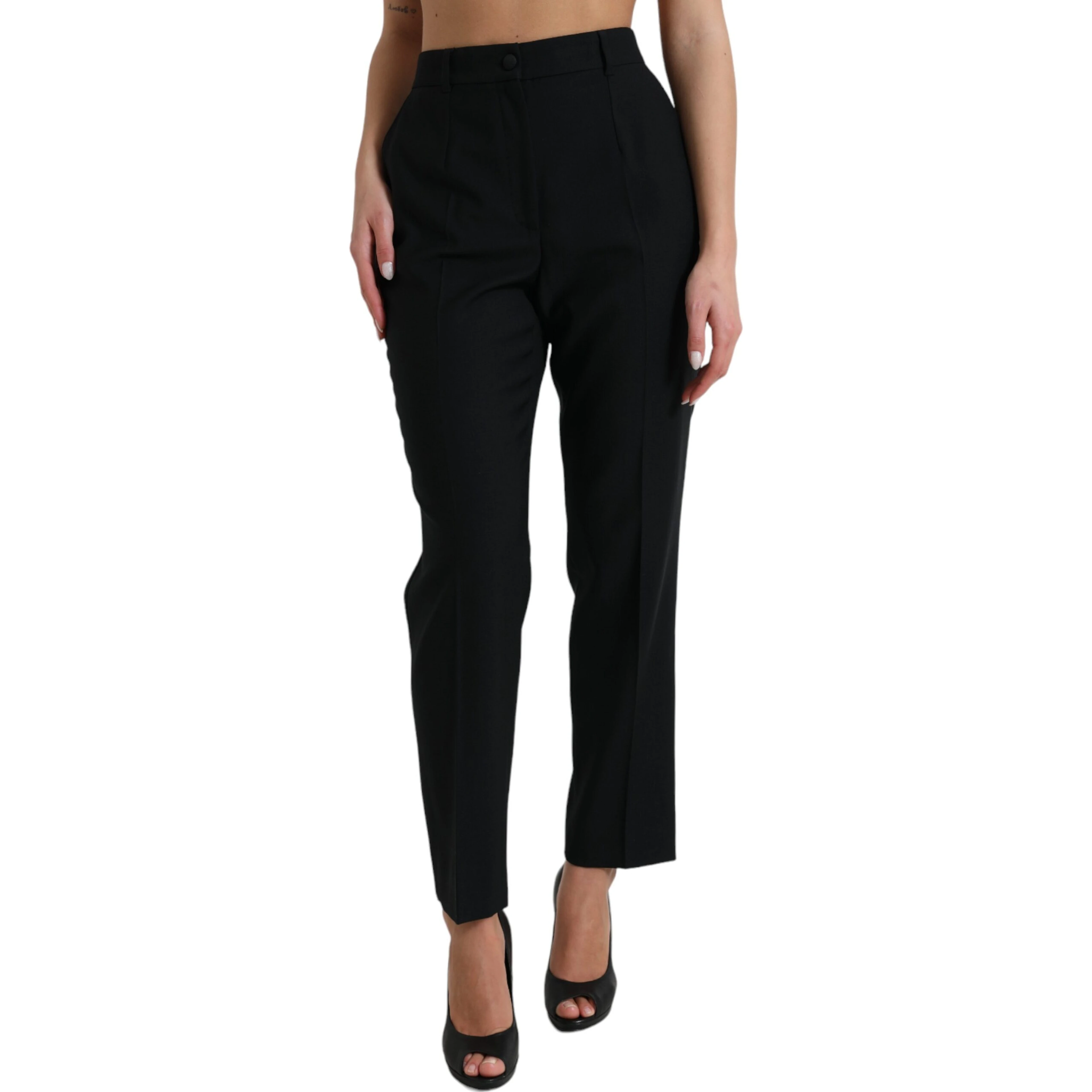 Black Wool High Waist Straight Pants