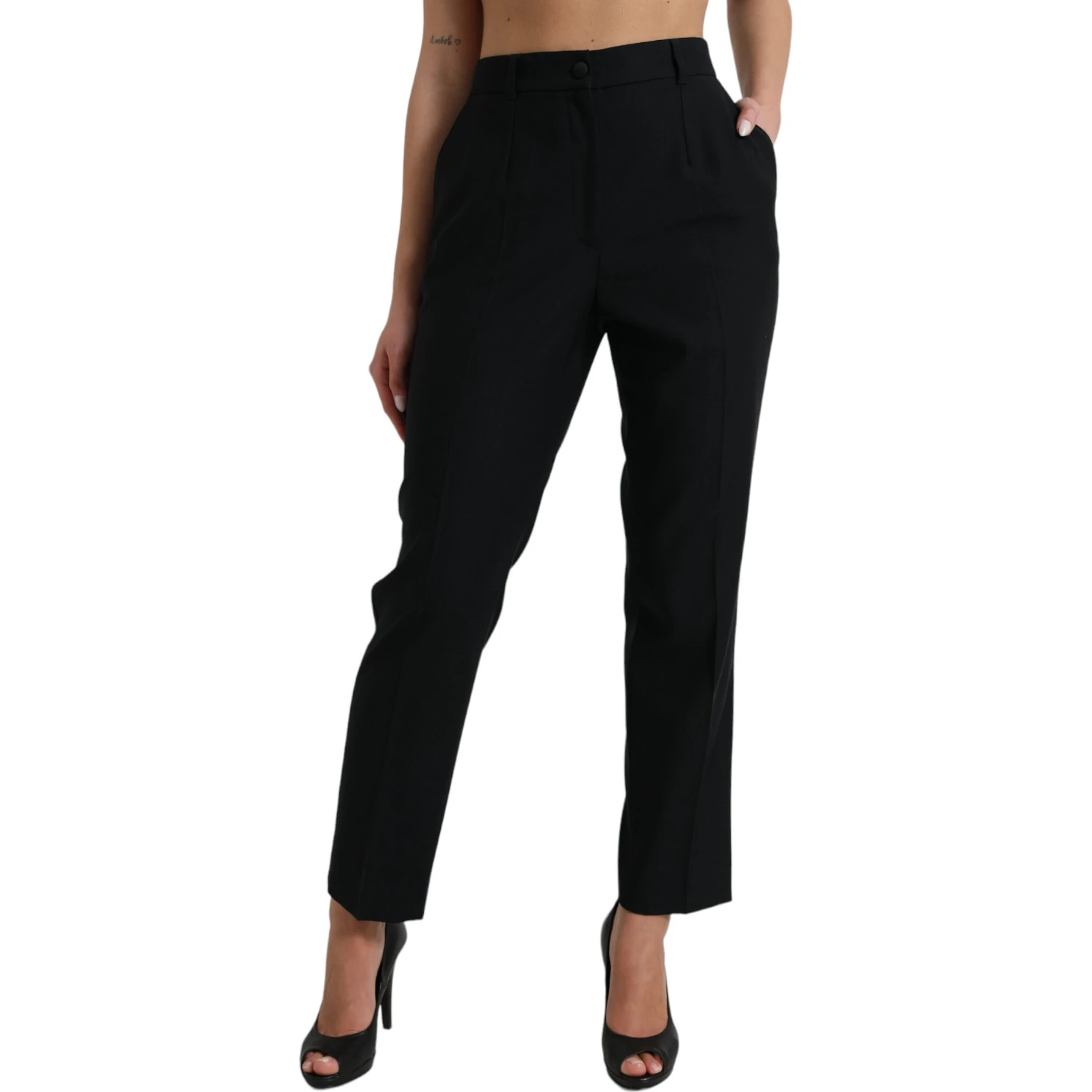 Black Wool High Waist Straight Pants