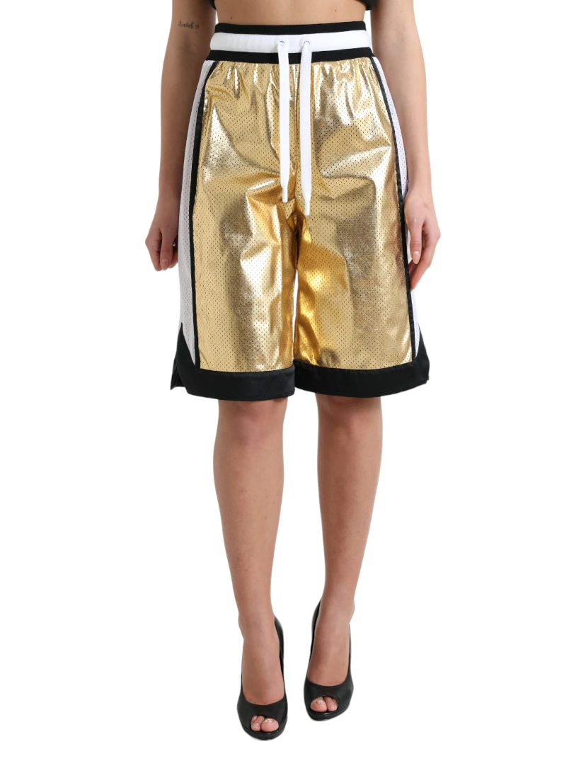 Gold Polyester Perforated High Waist Shorts