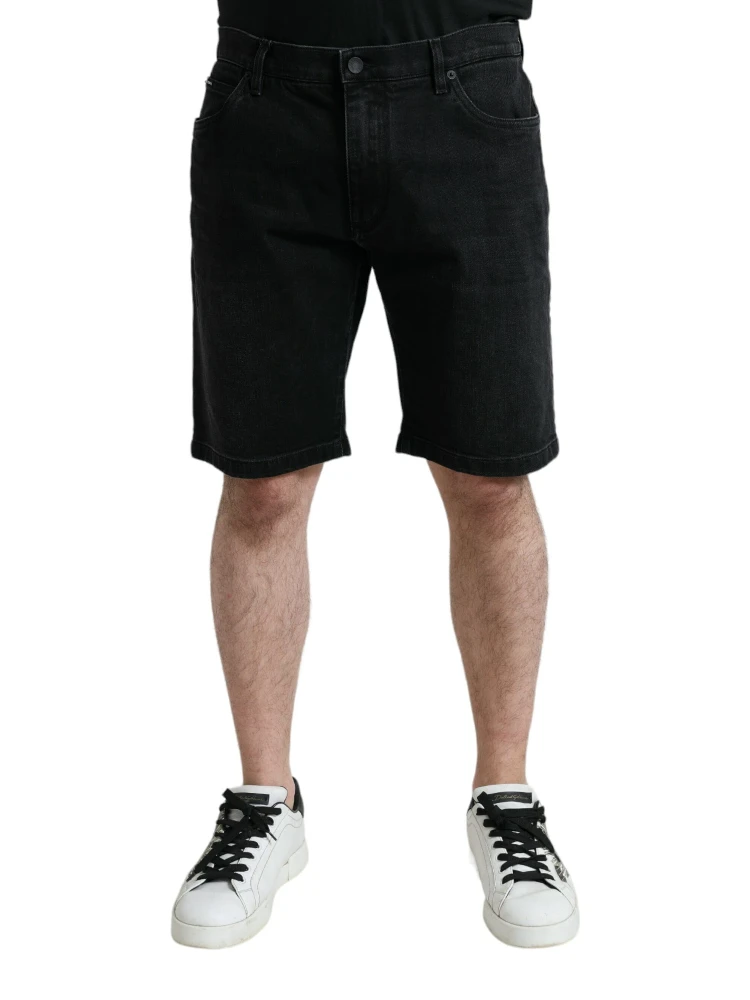 Black Cotton Stretch Bermuda Denim Shorts