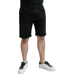 Black Cotton Stretch Bermuda Denim Shorts