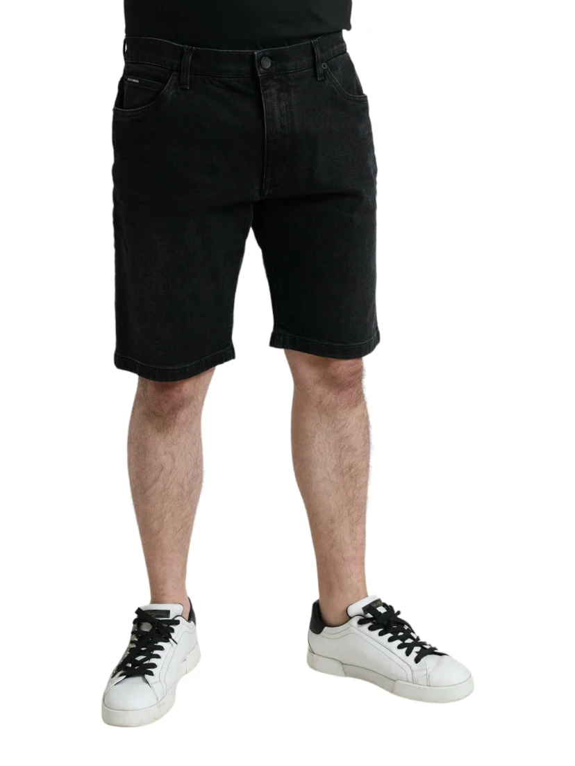 Black Cotton Stretch Bermuda Denim Shorts