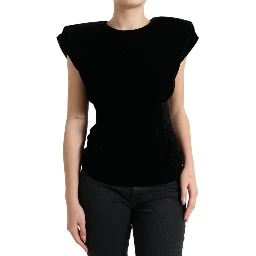Black Velvet Fitted Padded Shoulder Blouse Top